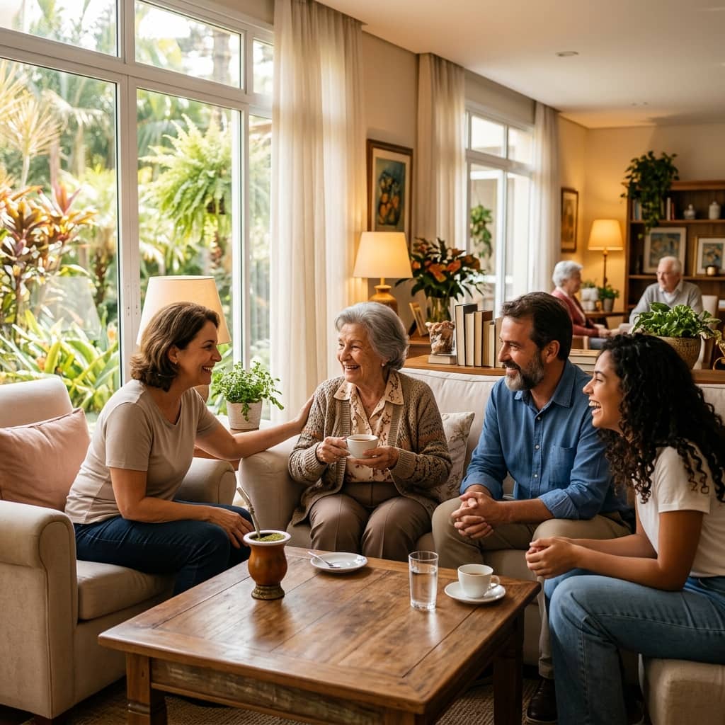 Família reunida conversando alegremente com idosa em ambiente acolhedor no residencial